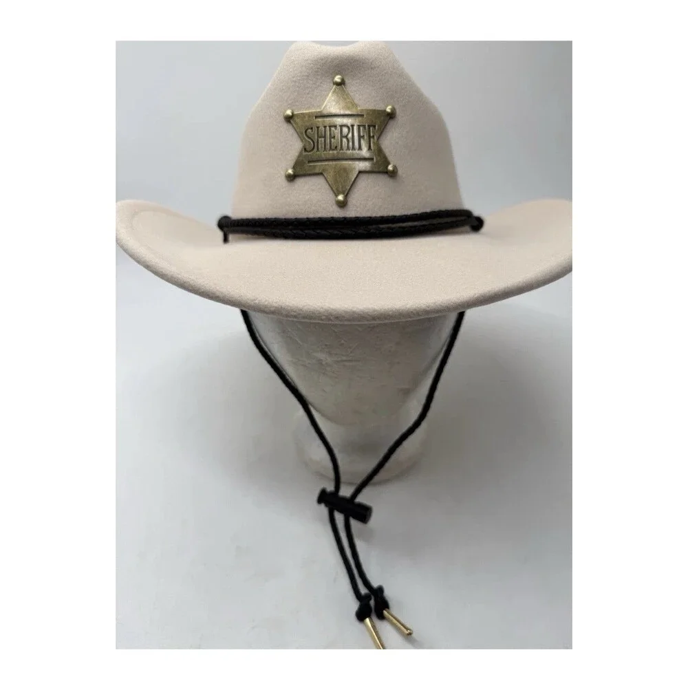 New Small Child Halloween Felt Sheriff Cowboy Hat w Gold Metal Tipped Chin Strap